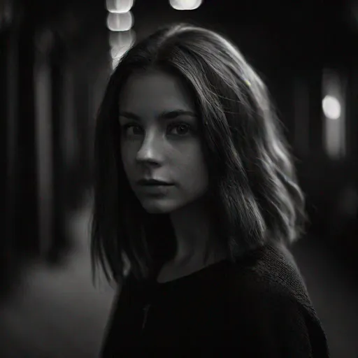 Prompt: A portrait of a young woman in black and white, taken with a Leica M10 and a 50mm f/1.4 lens. The mood of the image is mysterious and intriguing.