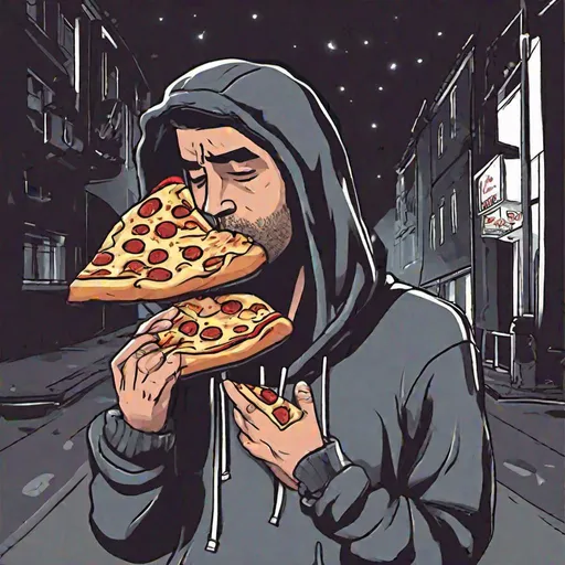 Prompt: cartoon man wearing hoodie eating pizza in dark street with sad face