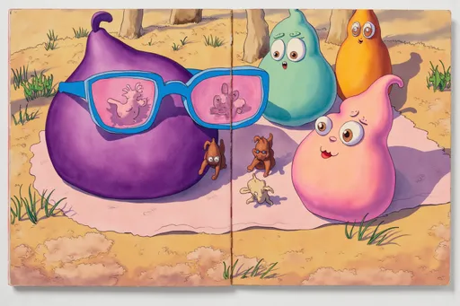 Prompt: Pretty fig wearing large blue framed glasses takes his two dogs for a walk while daydreaming about his handsome pear boyfriend 