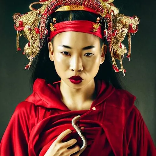 Prompt: high quality, photorealism, shiny skin, bald Asian girl, worn, red witch, with ((Trible snake on his head))sharp nose, stern look, wicked expression, youthful and tired, wise mage  dark, ((flowing red robes made of a heavy coarse fabric)), robes adorned with astrology symbols in white thread, leather belt,  in a dimly lit, basement, hidden room, surrounded by shelves filled with ancient books and mysterious artifacts, flickering candles and a few magical lights, casting eerie shadows on the walls, an open book with cursive writing, in the middle of casting a spell hand raised Sparks shoot out yellow magic swirl around her hand as she calls forth his evil powers
