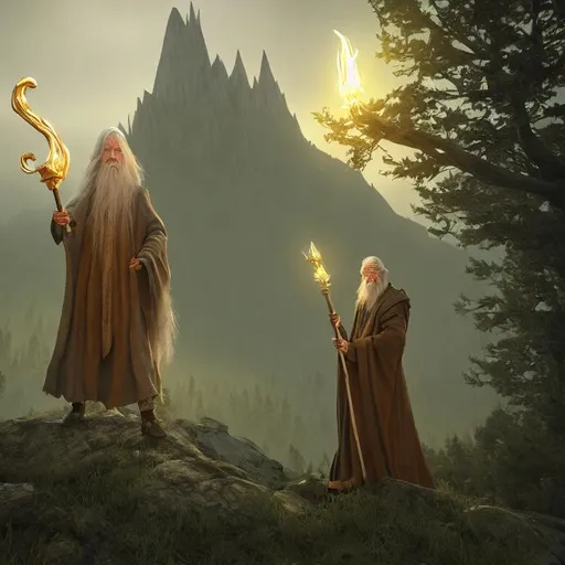 Prompt: charater concept full body, a wizard that looks like Gandalf, tall pointed hat, ornate robes, magic staff, smoking a long pipe, golden cat eyes, background + the misty mountains + long winding paths + tall old trees, aged, wise, wrinkles, dungeons and dragons, octane render, unreal engine 5, intricate details,