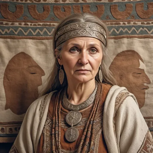 Prompt: (antic scene), a old Dacian woman in traditional Dacian attire from the 1st century, 50 years old, intricate patterns, earthy tones, flowing garments, historical accuracy, ancient dacian wall background,  detailed facial features, (highly detailed) representation, capturing the essence of ancient culture, (4K) quality, emphasize cultural richness and historical depth.