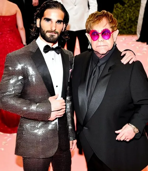 Prompt: Seth Rollins at met gala with Elton John as his date 