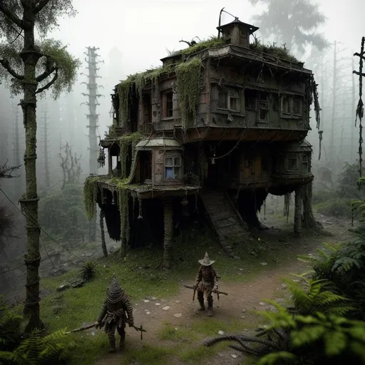 Prompt: dirty, eerie kobold,  ragged cloak, belts and pouches, spear,  mossy, decaying, rusty and worn,  intricate detail,  show antennas and wires and circuits, old apocalyptic city wasteland overgrown by oppressive huge forest, vines, plants and roots growing, cracking through walls, 3d render,  high detail,