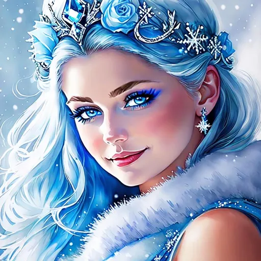 Prompt: Snow queen, ice elemental, deep blue pelt covered in frost, bashful hypnotic sapphire blue eyes, calm bashful smile, gorgeous 