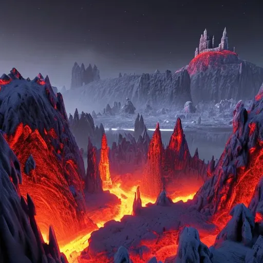 Prompt: lava ruvers, dark, hoth, frozen planet, mountains, gothic cathedral, castle, fortress, spires, night