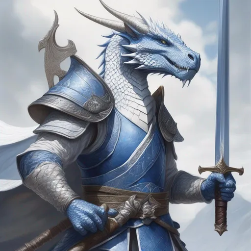 Prompt: A beautiful blue and white Dragonborn with no hair holding a sword, perfect composition, hyperrealistic, super detailed, 8k, high quality, trending art, trending on artstation, sharp focus, studio photo, intricate details, highly detailed, by Greg Rutkowski, illustration, watercolor