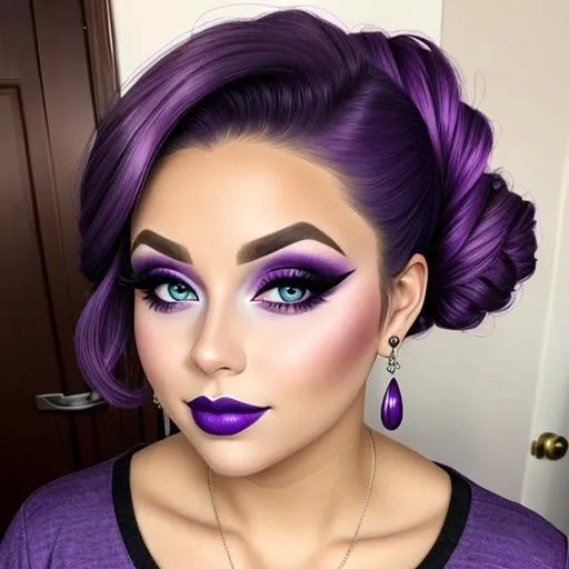 Prompt: A woman all in purple, pretty makeup