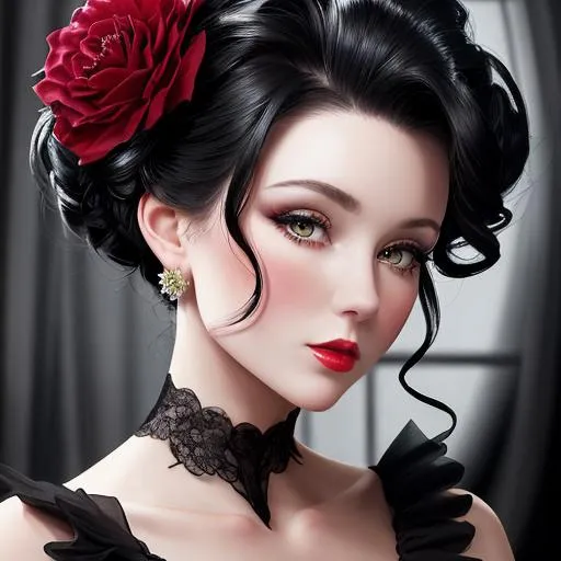 Beautiful woman portrait wearing a black evening gown  black hair dark eyes ruby jewelryelaborat