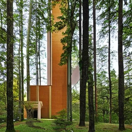 Prompt: church grows from trees modernist architecture, combined with the forest and trees

