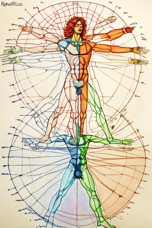 Prompt: vitruvian man spectrum refraction color

