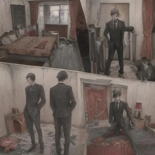 Prompt: Best Quality, 8k, dynamic, Sanguine Watercolor, Ink, Masterpiece, comicbook page, digital illustration, featuring, 1boy(Character:Detective_Edgelord(same character multiple views),Overcoat, hoodie,suit+tie,inside, abandoned_hotelroom),pistol, climbing on hotel bed, red door, Haunted, with, highly detailed face,Highly detailed comic panels, intricate line-art, dynamic text box, english lettering,Cel_Shading,(Retro-Futuristic_cyberpunk, Dystopian, Marvel Comics), By, ((Aaron McGruder,Jim Lee,Salvador Dali,Grzegorz Rutkowski,Grandfailure))," In Buliojourney v2