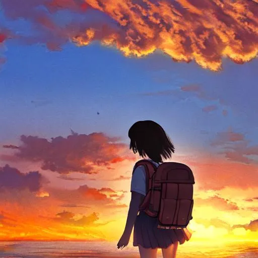 Prompt: School girl with backpack, sunset background
