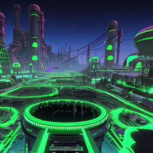 Prompt: vrchat world, the organism, megatropolis sewer with neon green, radioactive water flowing from pipes, black and green industrial sewer 