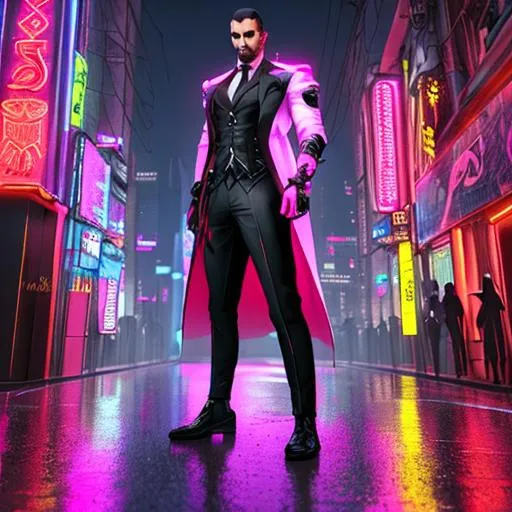 Prompt: lawyer men elegant, full body shot, character sheet, lightningwave, 3d, cgi, glowing neon, cyberpunk, streetwear outfit, ☂️, neon city caracas. court