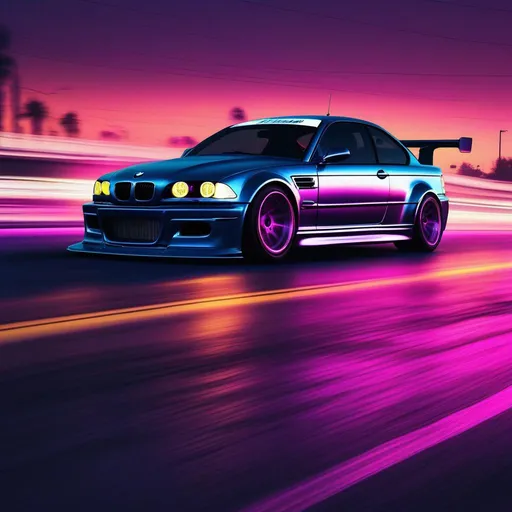 Prompt: 2001 BMW M3 E46 GTR, synthwave, aesthetic cyberpunk, miami, highway, dusk, neon lights, coastal highway, dusk, neon lights, coastal highway, sunset, drift, nurburgring