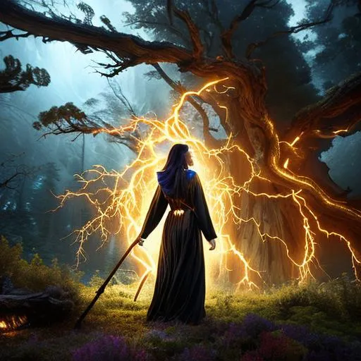 Prompt: landscape: old redwood Forest, 
digital art, subject: ultra detailed beautiful sorceress wearing long billowing dark robes; she's holding a wooden staff, casting a spell near a campfire, it's golden hour and a heavy mist shrouds her, colorful wildflowers along path, a massive storm cell rages overhead, Full shot, lightning, octane render, trending on artstation, deviantart.