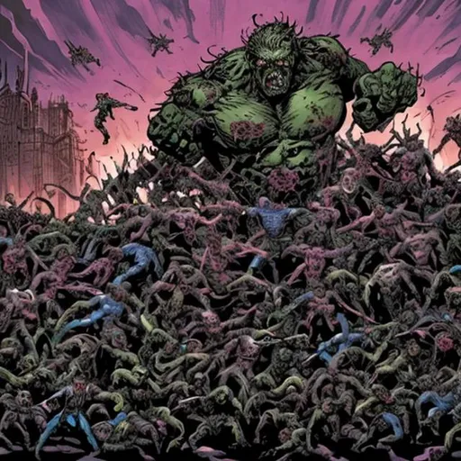 Prompt: in the style of marvel comics, create a character called Necromater. This character can raise the undead. in this picture, have the main character striking a powerful pose while dozens of zombies and skeletons climb from the ground, while facing a group of heroes getting ready to battle them