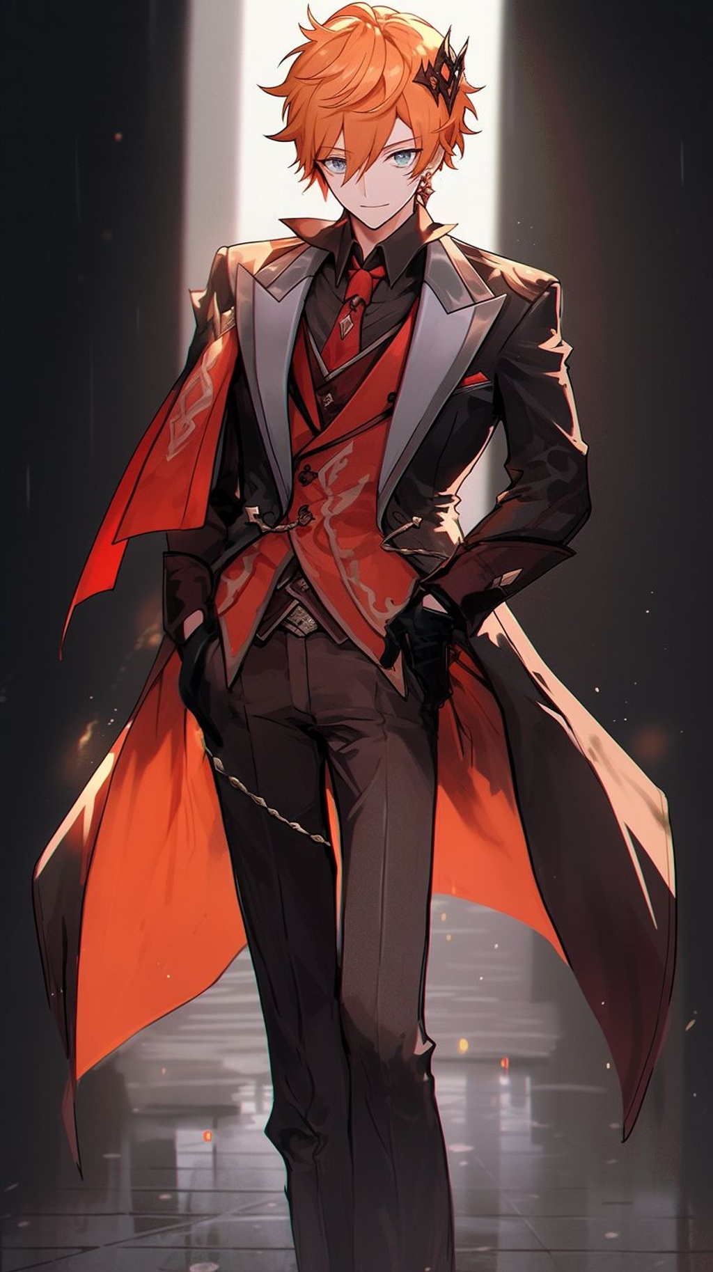 Prompt: Tartaglia from Genshin Impact, Short messy orange hair falling between his eyes, intense blue eyes, red gem earing, tall muscular skinny male, wearing a dark black trench coat open, tight leather pants and tight black dress shirt, form fitting, One open top button on shirt, Knee high black buckled boots, handsome, alluring, tempting eyes, standing on the beach strutting on the sand below his feet --upbeta --niji 5 --ar 9:16