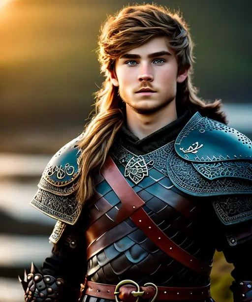 Prompt: Please produce a viking young man of 20-years-old from How to Train Your Dragon, photo session, attractive, blonde hair, (((full body visible))), looking at the viewer, portrait, photography, detailed skin, realistic, photo-realistic, 8k, highly detailed, full-length frame, High detail RAW color art, piercing, diffused soft lighting, shallow depth of field, sharp focus, hyperrealism, cinematic lighting