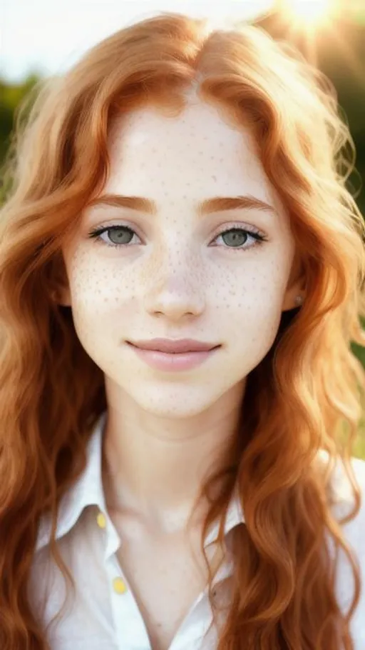 Prompt: Portrait of Ginger light brown skin freckled young skinny woman, freckles, turned up small nose, long wavy ginger wet hair, delicate lips, cute face, pure, sweet smile ((white open shirt)), ((shy)), sun from behind, sun on hair, 18 years old, thin

Ultra high definition, stylized picture, highly detailed, intricated, 8K, filigree 