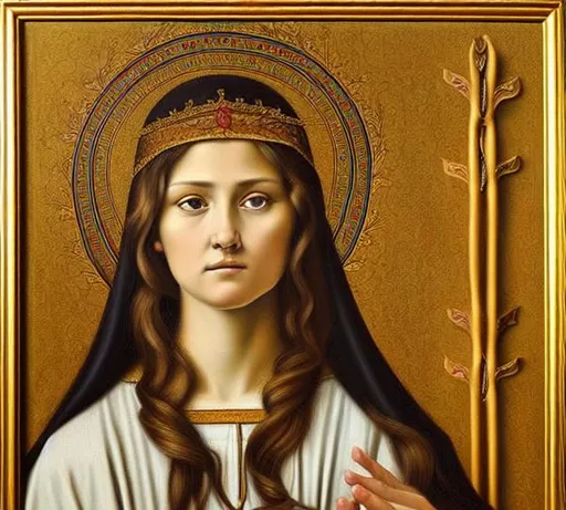 Prompt:  a portrait of saint Philomena, realistic face, beautiful and natural, oil painting in a renaissance style , very detailed, painted by Carlo Crivelli