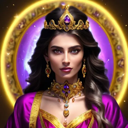 Prompt: HD 4k 3D 8k professional modeling photo hyper realistic beautiful leader woman ethereal greek goddess of law and order
yellow hair brown eyes gorgeous face olive skin shimmering purple robes with gems jewelry and olive branch tiara full body surrounded by magical glowing divine light hd landscape background temple scales of justice