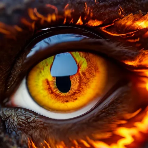 Prompt: a close up of an eye with the reflection of fire showing in the pupil