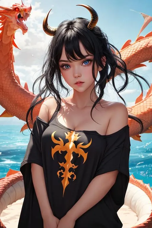 Prompt: loose oversize t-shirt, bright colors, symmetrical, beautiful little girl, solo, one has jet-black hair and vermilion red eyes, and the other has blond hair and blue eyes, each exuding a different charm. intricate dragon horns, tail, perfect composition, hyperrealistic, super detailed, 8k, high quality, Splash art, front, epic Instagram, artstation, hyperdetailed intricately detailed, unreal engine, intricate detail, complementary colors, concept art, 8k, heavy strokes, splash arts, full height, full body focus,
