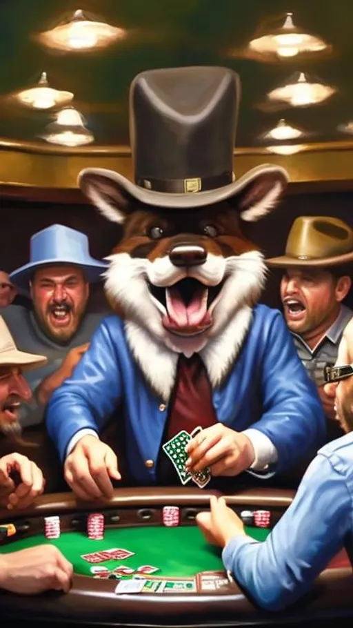 Prompt: high quality painting of a poker playing bandit yells, throwing his cards while the other players at poker table look concerned