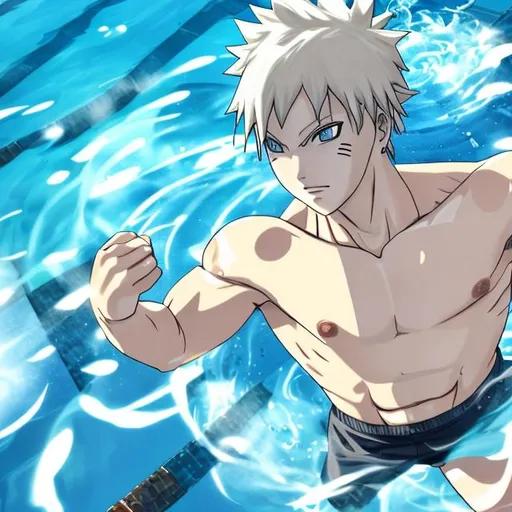 Prompt: man, white, abs, no hair, in a pool, anime style, naruto style