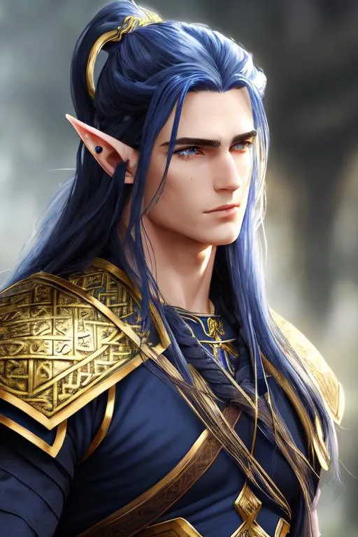 male elf , dark blue long hair, very handsome face,...