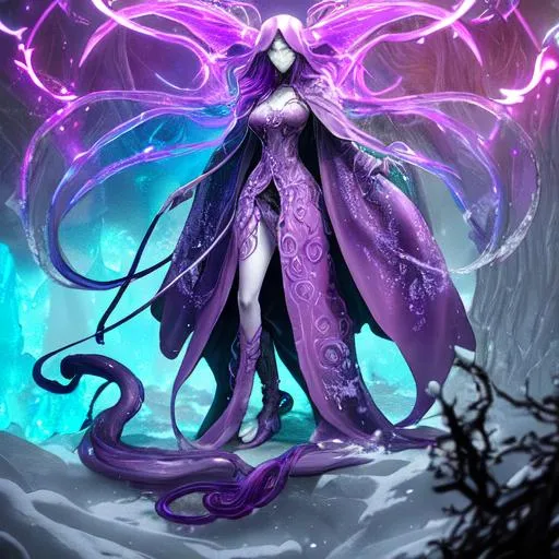 Prompt: concept designs for an ethereal wraith like figure with a squid like parasite latched onto its head and long tentacle arms that flow lazily but gracefully at its sides like a cloak while it floats around a forgotten kingdom in the snow searching for lost souls and that hides amongst the shadows in the trees, this character has hydrokinesis and electrokinesis for the resident evil village video game franchise with inspiration from the franchise Bloodborne and the mind flayer from stranger things on netflix