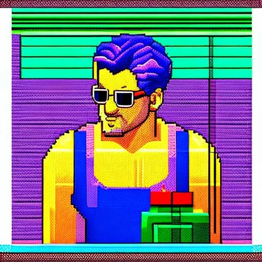 Prompt: retro digital pixelart of a man for DOS SNES with dithering pillow shading 16-bit colour depth masks raster.