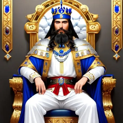 Prompt: A human king wearing white and blue and red medieval Anglo Saxon/ancient Arabian king's garments. black hair, blue eyes, long black beard. Sitting on a silver throne decked with sapphires and rubies and diamonds.