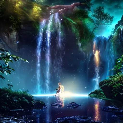 Prompt: glittering waterfall and a fairy nearby, night time, high resolution, HD quality, HYPER REALISTIC