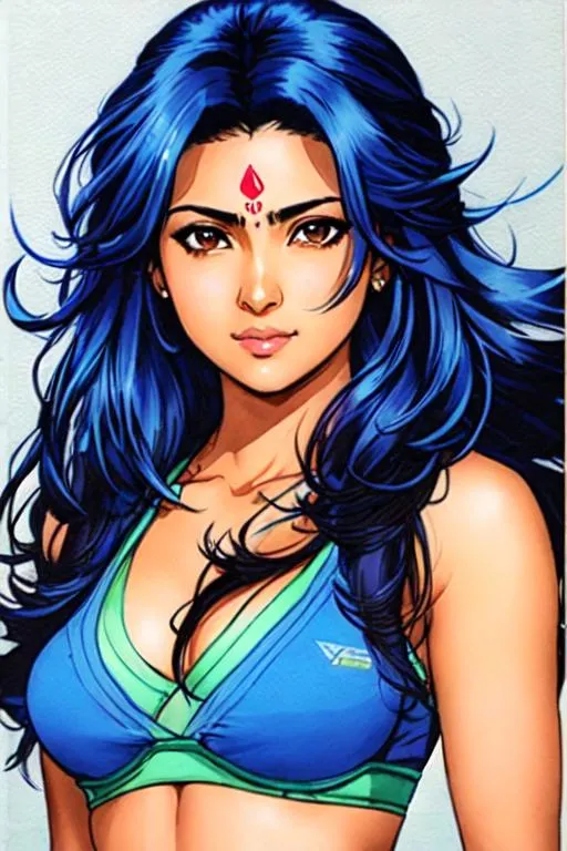 Prompt: character profile sheet (((Yoji Shinkawa))), sticker of ultra detailed portrait of Sadaf Mohammed Sayed  (Indian actress who mainly appears in Telugu, Tamil, and Kannada films) as megaman , blue long hair, high quality cell shaded illustration in Romantic style by Yoji Shinkawa, ((full body portrait)), dynamic pose, perfect anatomy, centered, freedom, soul, blue long hair, approach to perfection, cell shading, 4k , cinematic dramatic atmosphere, watercolor painting, global illumination, detailed and intricate environment, artstation, concept art, fluid and sharp focus, volumetric lighting, cinematic lighting, Art by Yoji Shinkawa,
