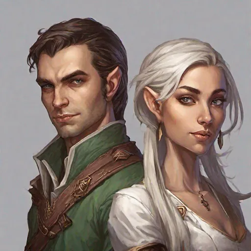 Prompt: Dungeons and Dragons Male and Woman Half Elf Diplomats, Fantasy Realism, Headshot, Empty Background