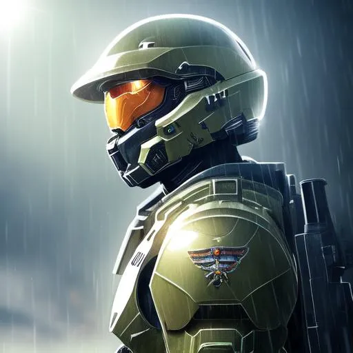 Prompt: Professionally illustrated art of a marine from Halo standing in the rain, intricate details, full-body portrait, headshot, HDR, 64K, highly detailed, bright sun rays, best version