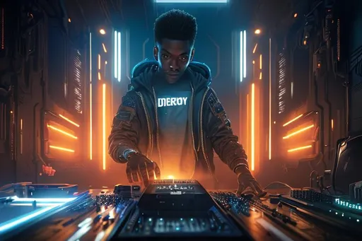 Prompt: close up deejay with his hands up in a lightshow, perfect composition, hyperrealistic, super detailed, 8k, high quality, trending art, trending on artstation, sharp focus, studio photo, intricate details, highly detailed, cyberpunk, by greg rutkowski
