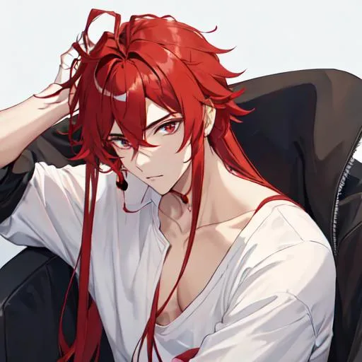 Prompt: Zerif 1male (Red side-swept hair covering his right eye) hand in his hair, tugging at his shirt