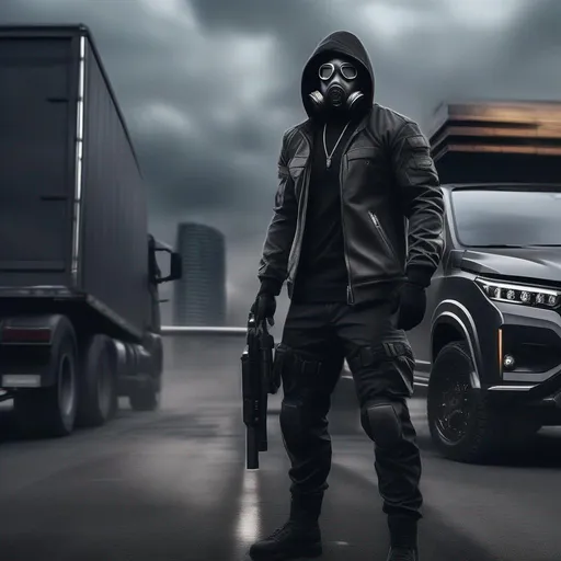 Prompt: Male agent with a gas mask, black and grey cyberpunk outfit with a hood, background black truck in road, Hyperrealistic, sharp focus, Professional, UHD, HDR, 8K, Render, electronic, dramatic, vivid, pressure, stress, nervous vibe, loud, tension, traumatic, dark, cataclysmic, violent, fighting, Epic