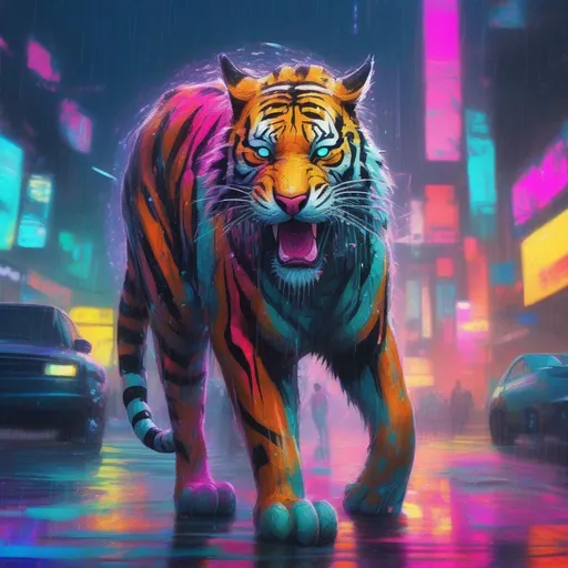 Prompt: A colourful and beautiful cyberpunk tiger in the rain in a bright and neon cyberpunk world in a painted impressionistic style