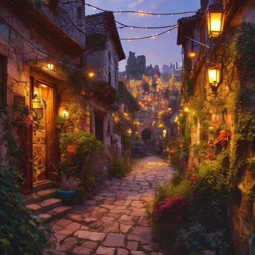 Prompt: colorful medieval eclectic fantasy village with overgrown plants and stone roads and glowing lampposts