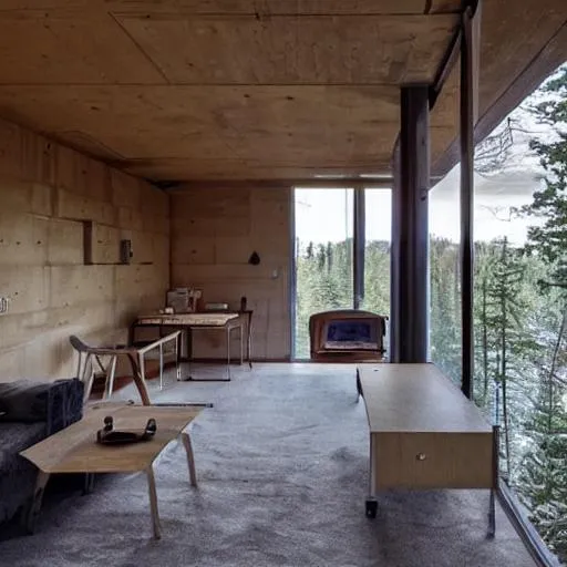 Prompt: a brutalist architecture cabin