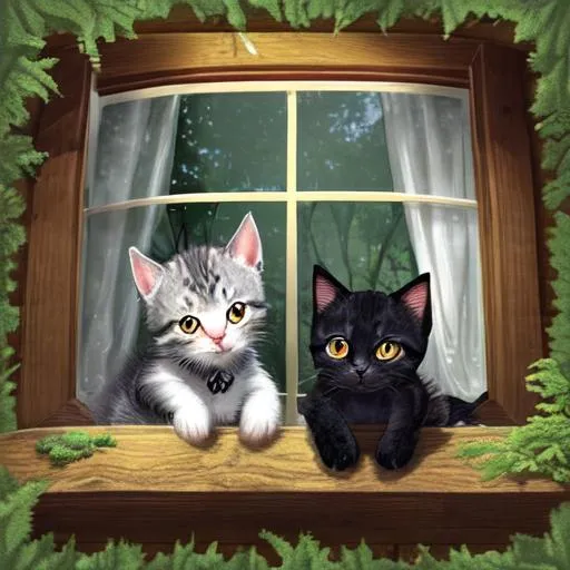 Prompt: Two kittens, one black and the other a silver tabby, peer out of a window at an enchanted forest.
