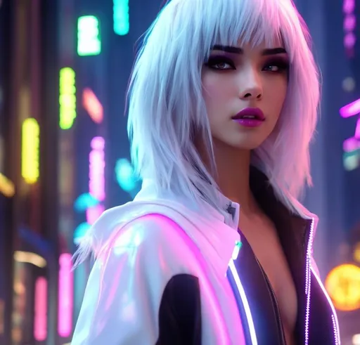 Prompt: girl with white hair, perfect Girl, neon futuristic coat, close-up rear view half body, perfect body, beautiful body, Facing , utopian, highly detailed, octane rendering, cinematic, highly detailed, vibrant, production cinematic character rendering, model Ultra High Quality, 8k Ultra HD, Full Body Visible, Lipgloss