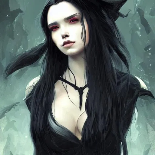 Prompt: a witch with long black hair 
art by artgerm and felix englund and greg rutkowski