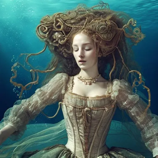 Prompt: woman in 16th century dress underwater sleeping.  hair, elaborate hair, fabric, lace, bubbles.