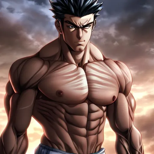 Prompt: muscular anime man, showing his abs, UHD, 16K, Highly detailed, insane detail, best quality, high quality.